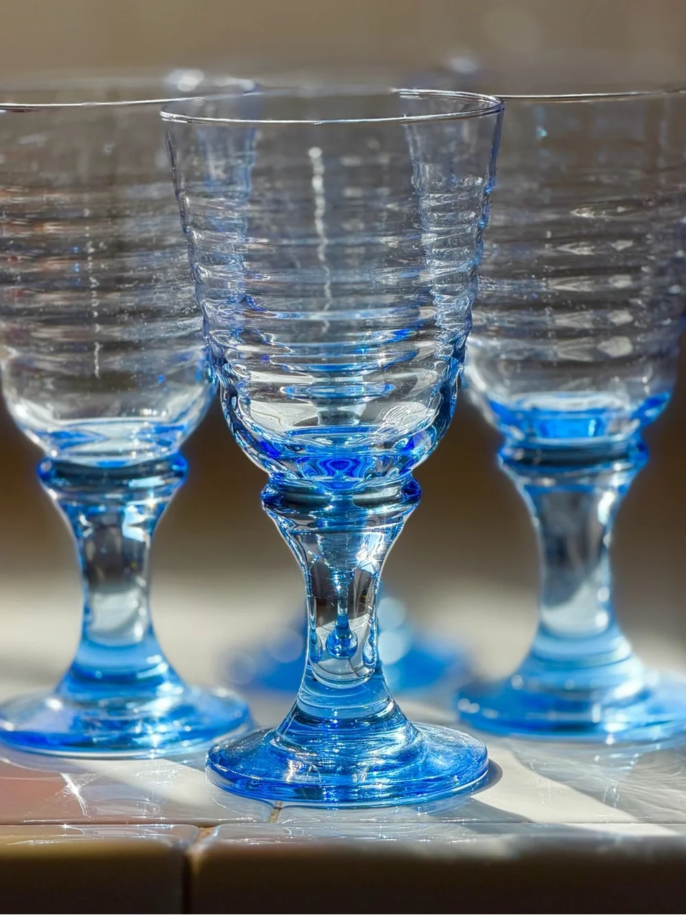 Set of Four, Vintage 90s Blue Ribbed Glass Goblets - Set of Decorative Glasses
